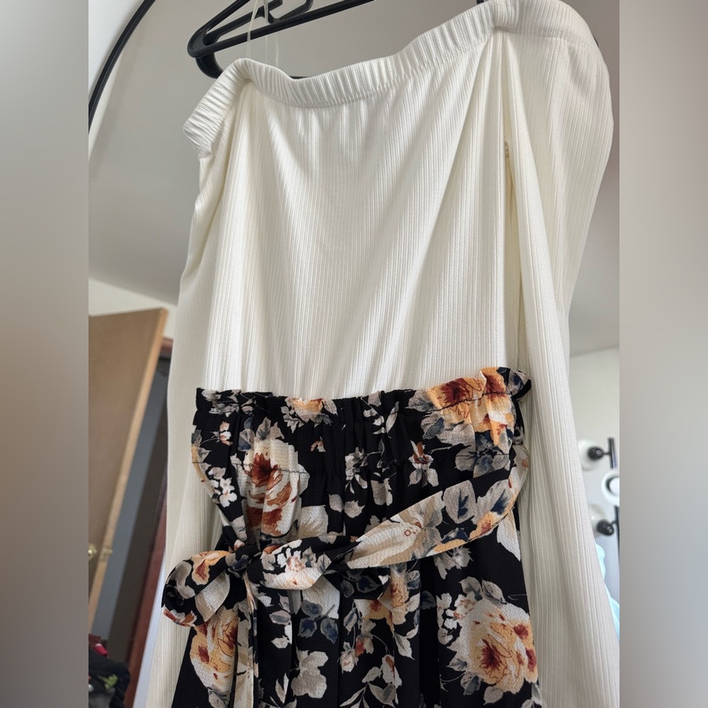 Off the Shoulder Floral Print & Cream Top Jumpsuit